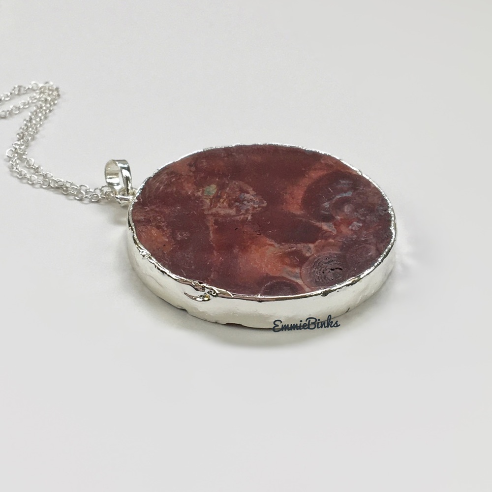 New 925 Sterling Silver Red Mexican Happy Lace Agate Slice Pendant Necklace - Picture 6 of 14